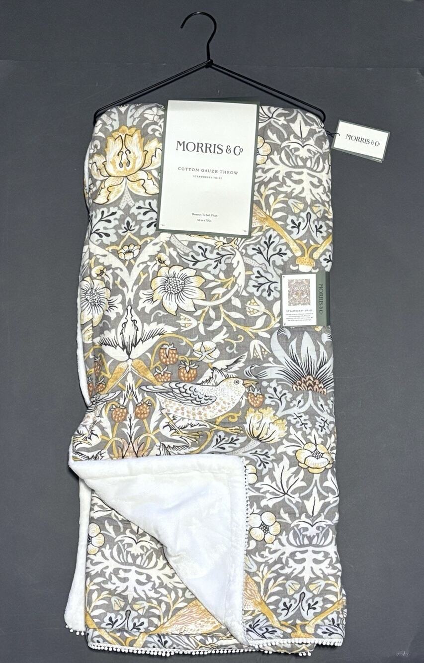 William Morris & Co Strawberry Thief Throw Blanket Cotton Gauze Fleece Grey NWT